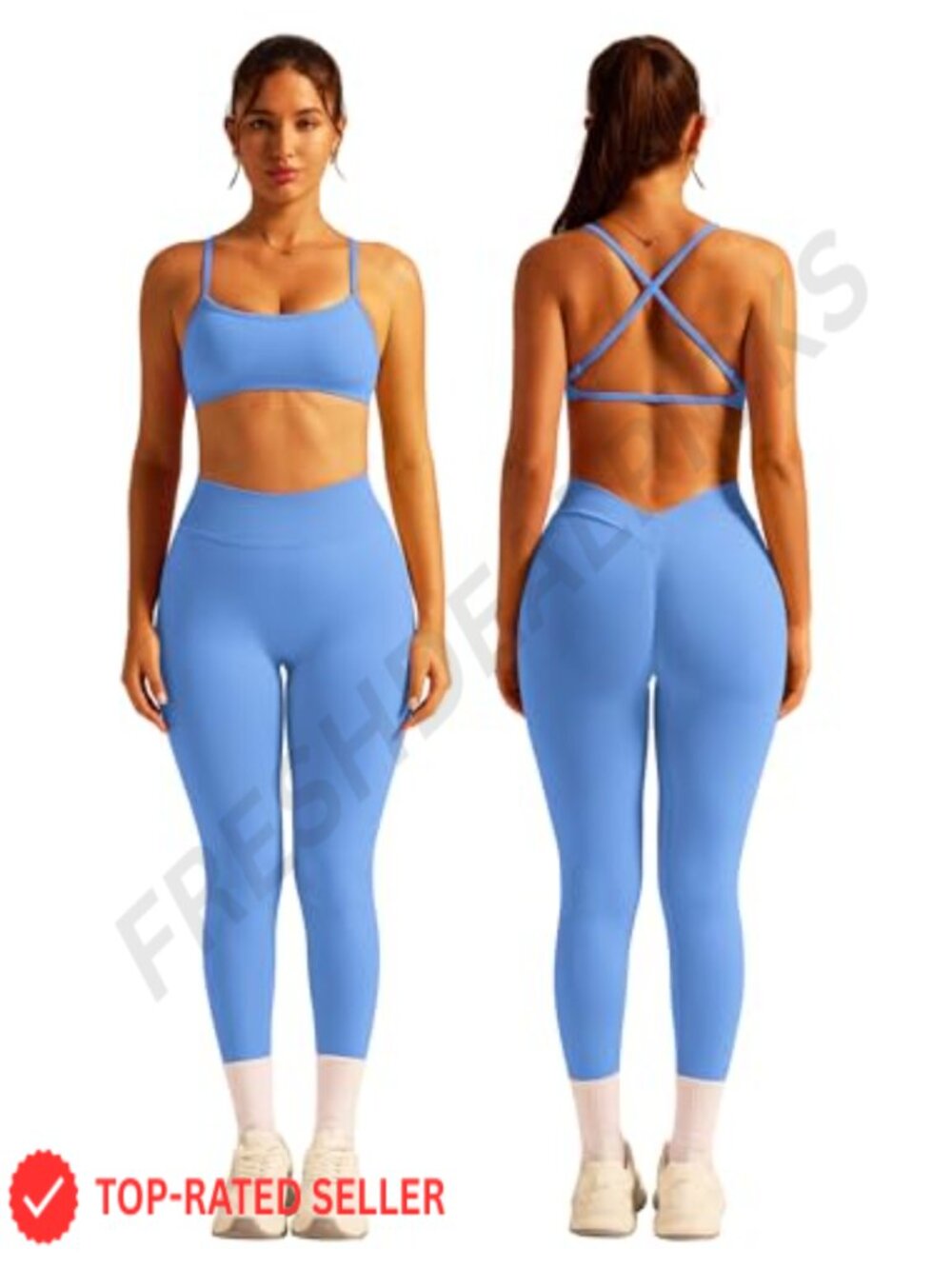 Seamless 2 Piece Workout Set Sports Bra V Back Leggings Gym